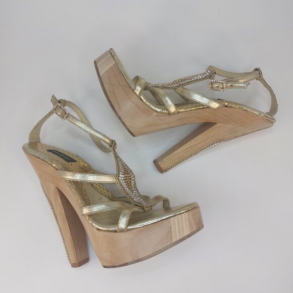 bebe Gold Strappy Rhinestone Platform Heels Size US 6 - Picture 9 of 16